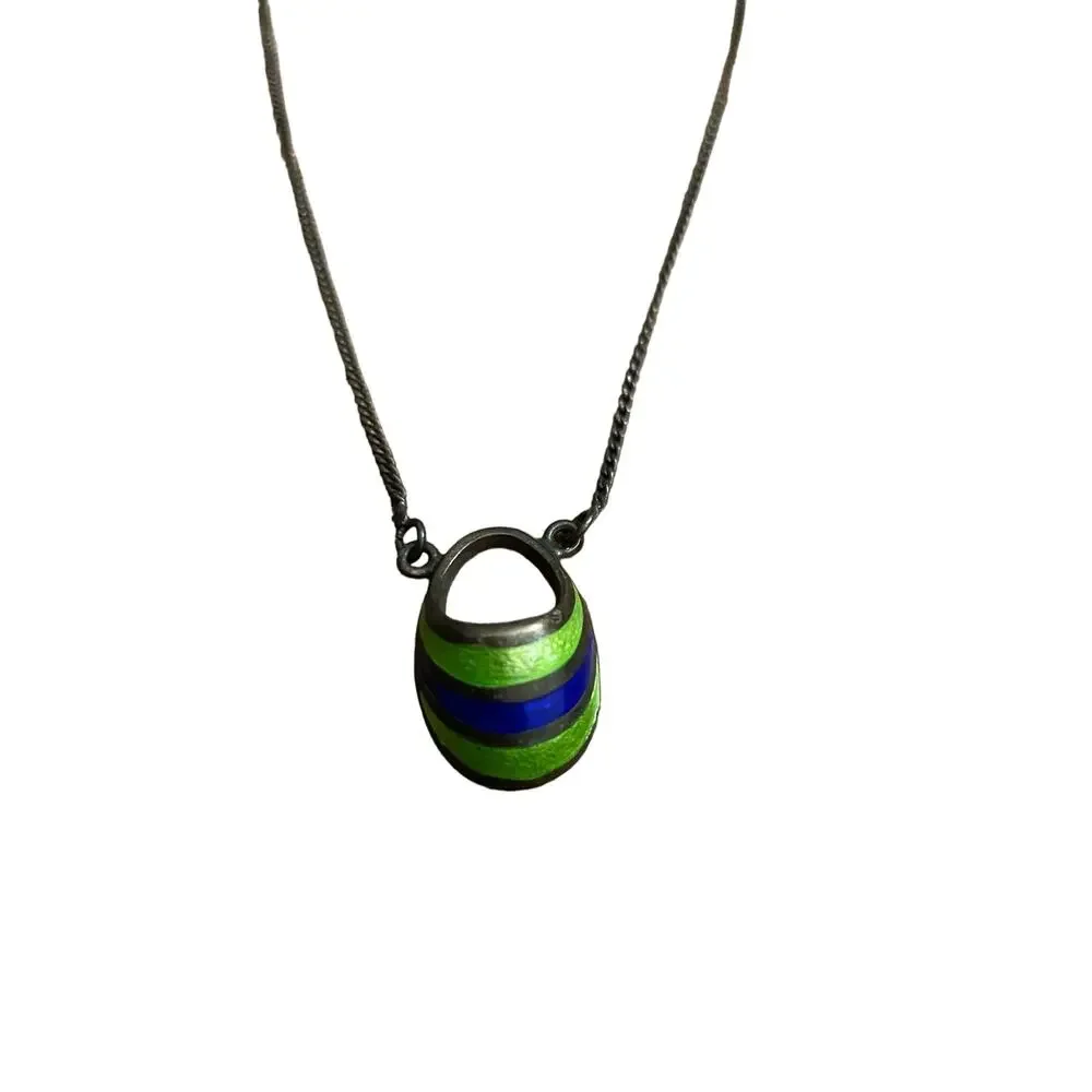 Art Deco Blue and Green Enamel Womens Necklace Sterling Dark Silver Vintage